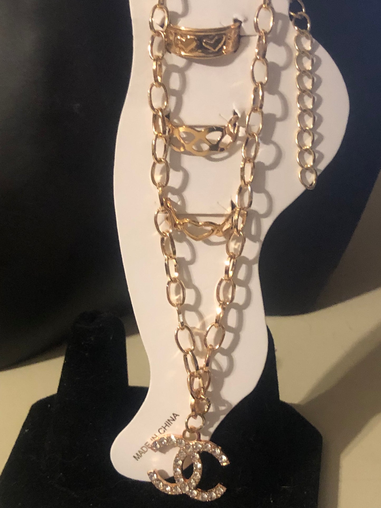 Silver or Gold Rhinestone Anklet & Toe Rings set