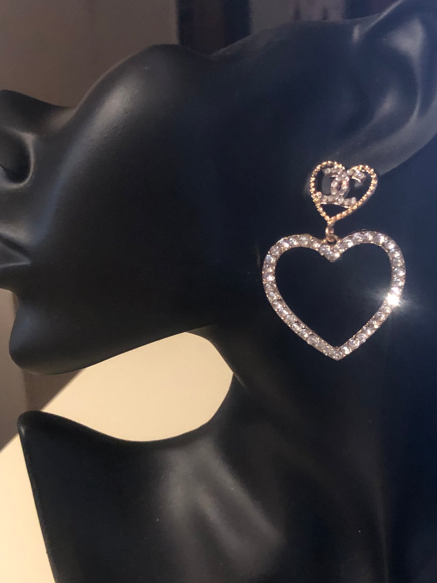 Silver or Gold Rhinestone Dual Heart Drop Earrings