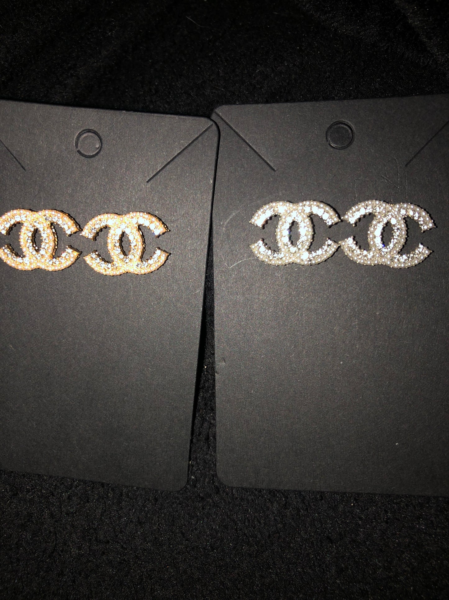 Silver or gold pearl and rhinestone logo earrings