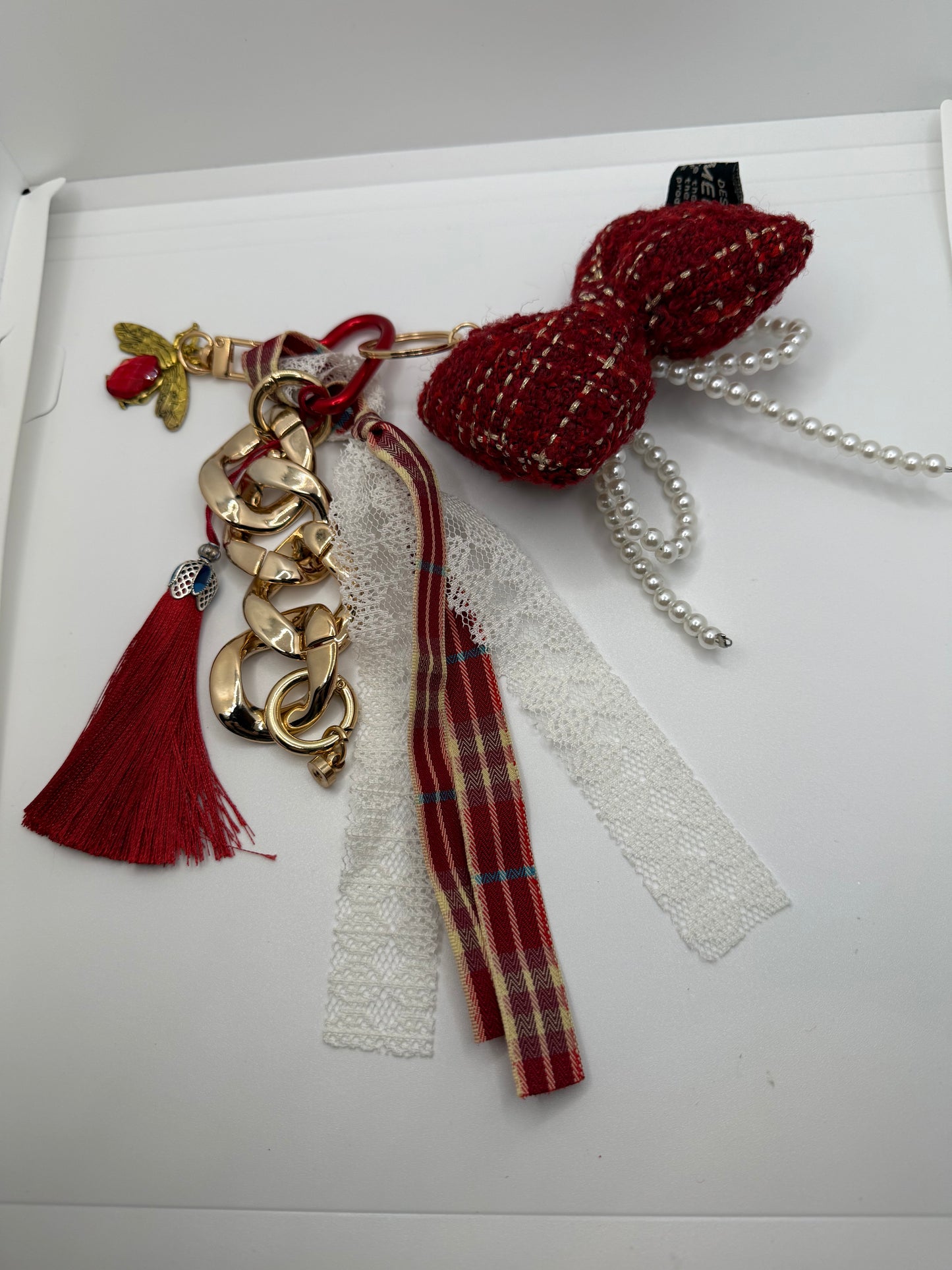 Dark Red Pearl Bow Handbag Charm