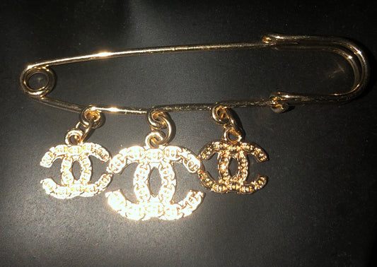 Gold Triple Logo Charm Pin Brooch