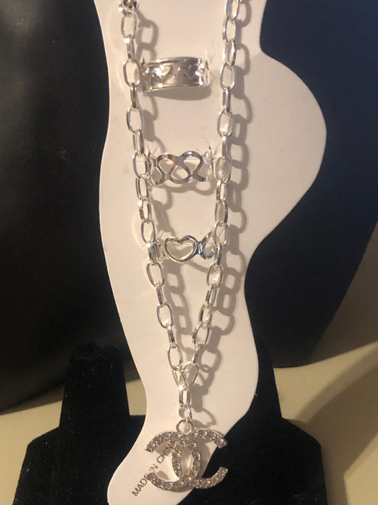 Silver or Gold Rhinestone Anklet & Toe Rings set