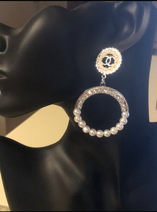 Gold Rhinestone & Pearl Drop Hoop Earrings
