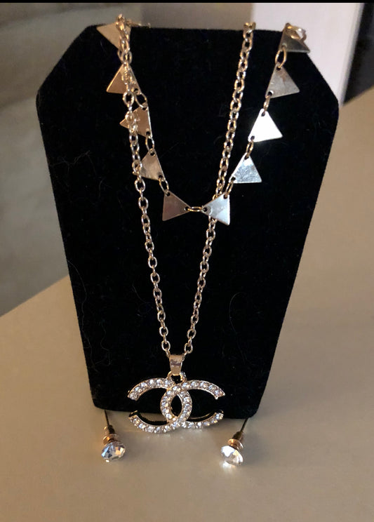 Silver double chain necklace earrings set