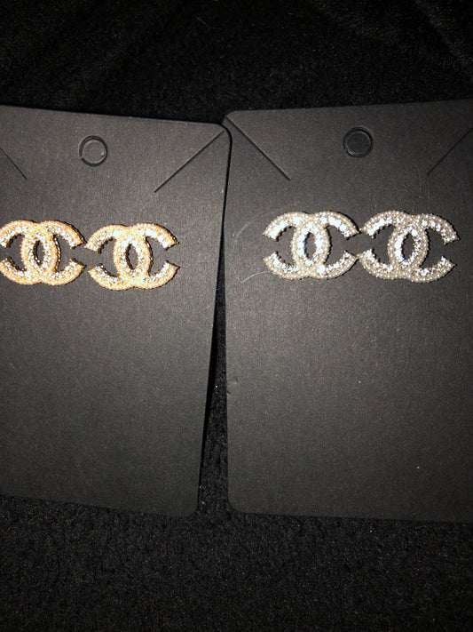 Silver or gold pearl and rhinestone logo earrings