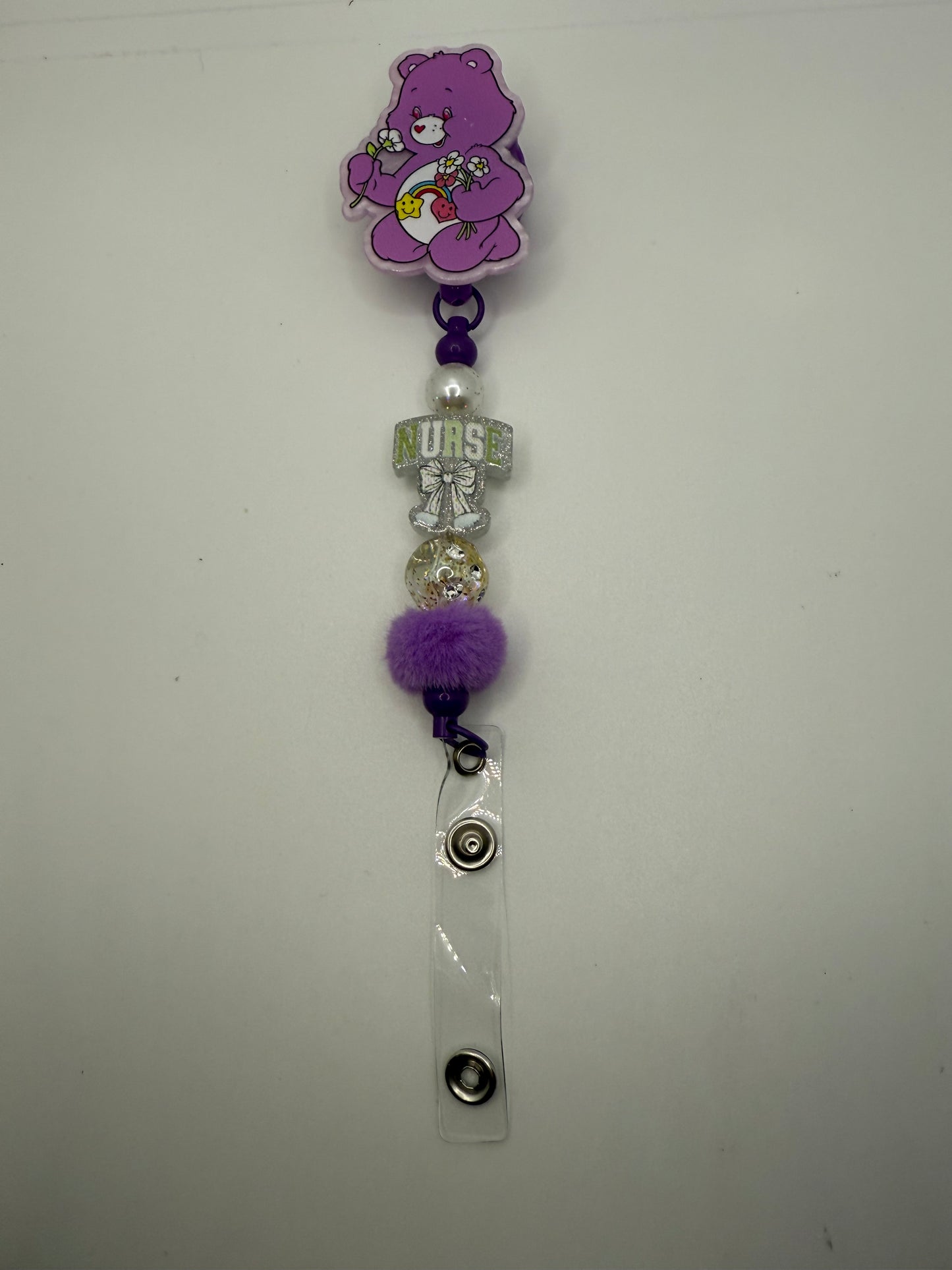 Purple Care Bear Nurse Beaded Badge Reel