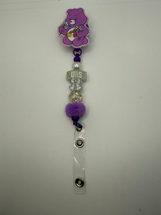 Purple Care Bear Nurse Beaded Badge Reel